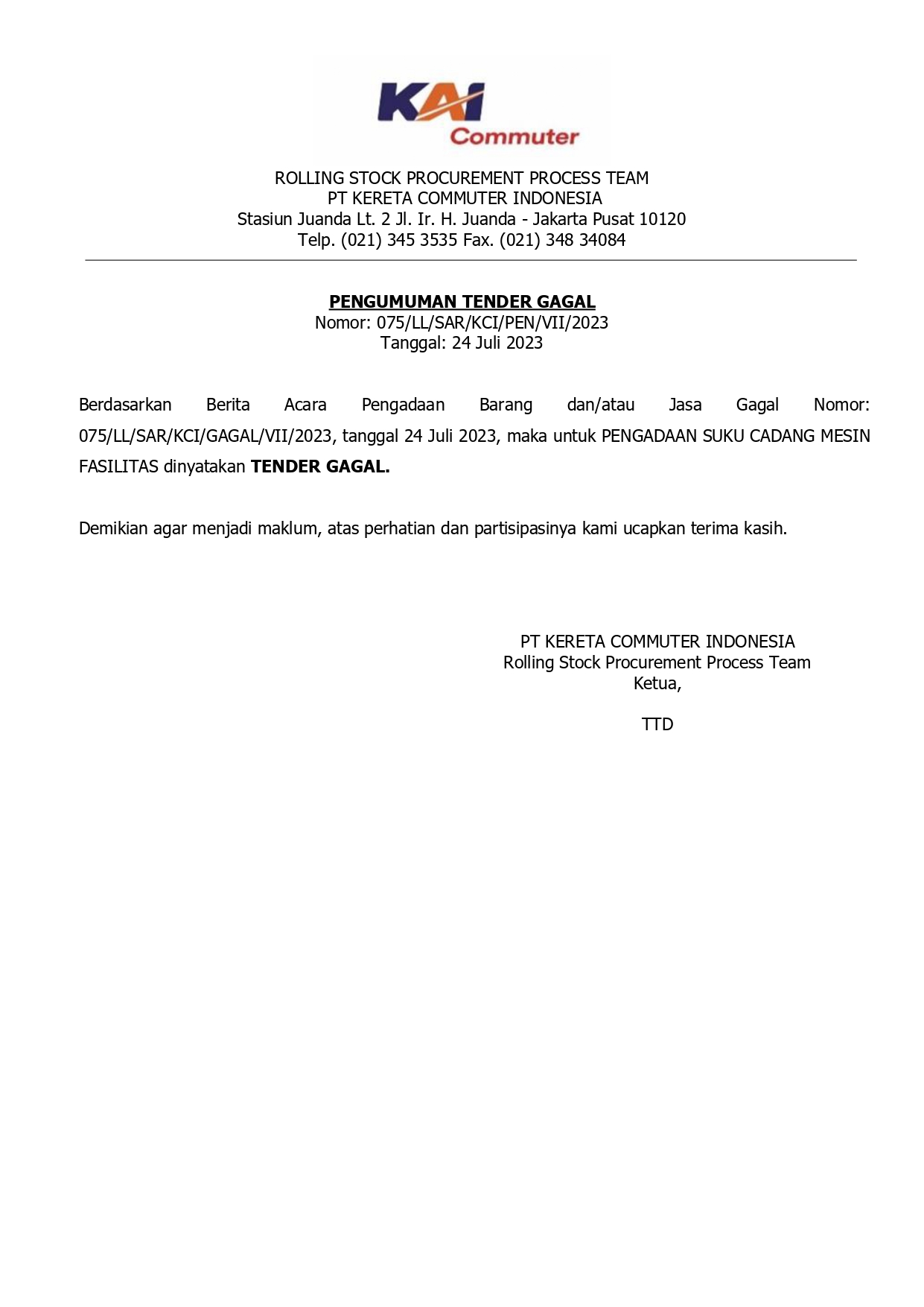 075 pen gagal lelang suku cadang mesin fasilitas page 0001